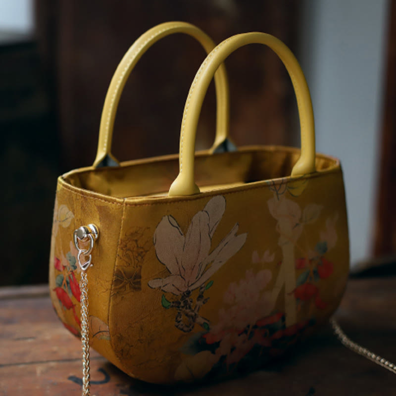 Bolso de mano con cadena de metal y cremallera de Mythstone con diseño de peonías y flores vintage 