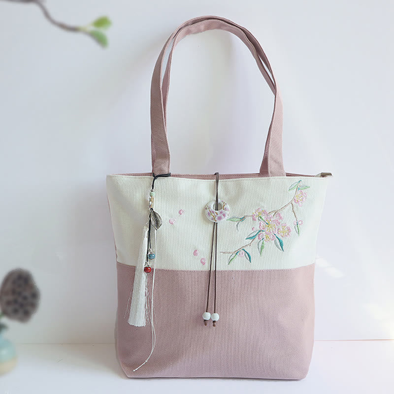 Mythstone Pear Flower Plum Peach Blossom Bamboo Embroidery Canvas Large Capacity Shoulder Bag Tote Bag