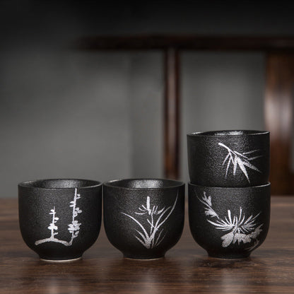 Mythstone Hand Painted Lotus Flower Bamboo Chrysanthemum Black Pottery Ceramic Teacup Kung Fu Tea Cup 95ml