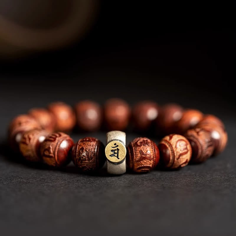 Mythstone Chinese Zodiac Natal Buddha Small Leaf Red Sandalwood Om Mani Padme Hum Protection Bracelet