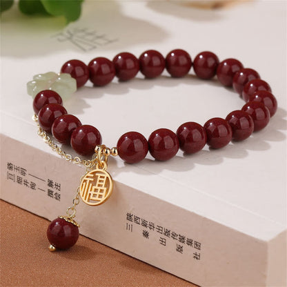 Mythstone Cinnabar Fu Character Hetian Jade Lucky Four Leaf Clover Blessing Bracelet