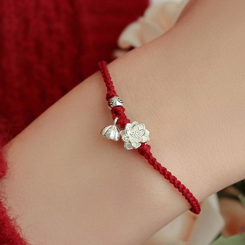 Mythstone Handmade Lotus Flower Luck Braid Red Rope Bracelet