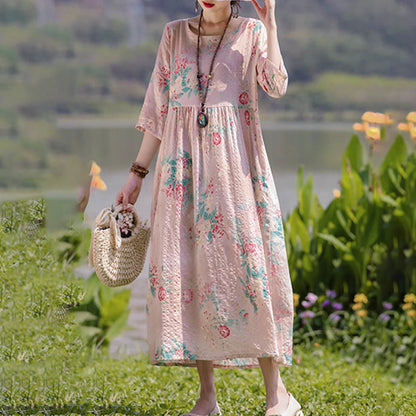 Mythstone Flowers Print Midi Dress Tunic Dress With Pockets