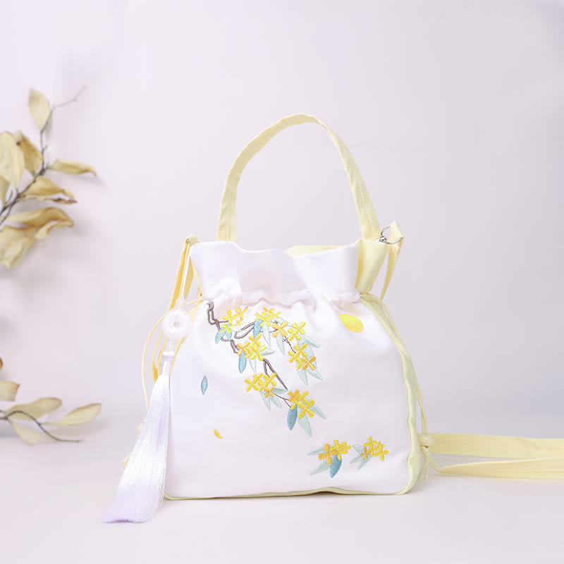 Mythstone Embroidered Osmanthus Peony Grape Cat Cotton Linen Tote Crossbody Bag Shoulder Bag Handbag