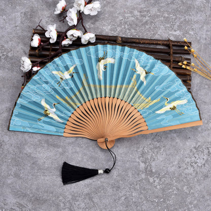 Mythstone Vintage Cloud Crane Pattern Handheld Bamboo Folding Fan