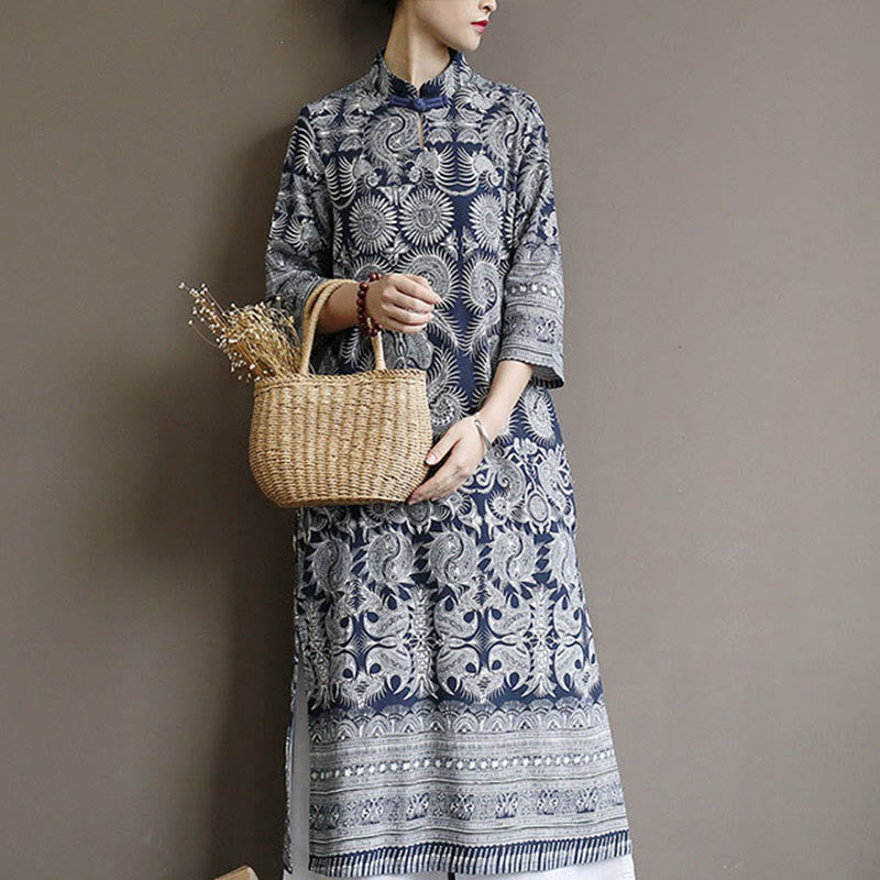 Mythstone Blue And White Porcelain Pattern Frog-button Midi Dress Three Quarter Sleeve Linen Batik Dress With Pockets