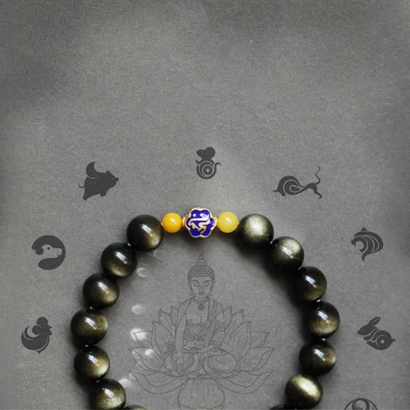 Mythstone 925 Sterling Silver Chinese Zodiac Natal Buddha Natural Gold Sheen Obsidian Amber Wealth Protection Bracelet