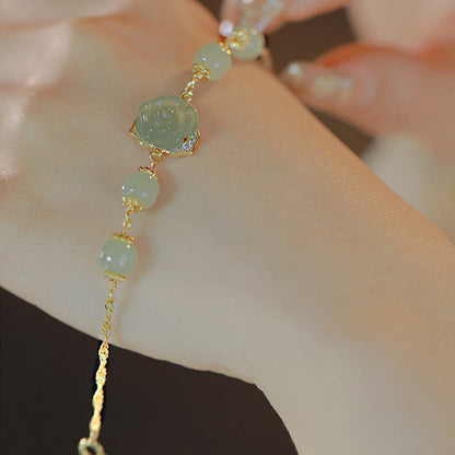 Mythstone 14K Gold Plated Hetian Jade Rose Flower Luck Chain Bracelet