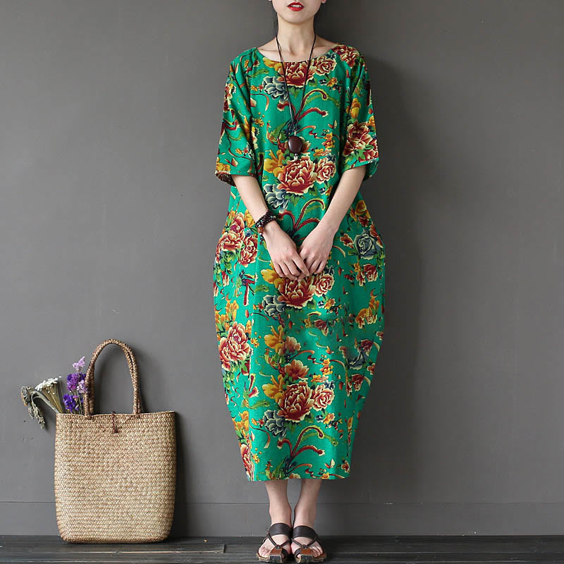 Mythstone Red Peony Flowers Printed Midi Dress Half Sleeve Cotton Linen Dress