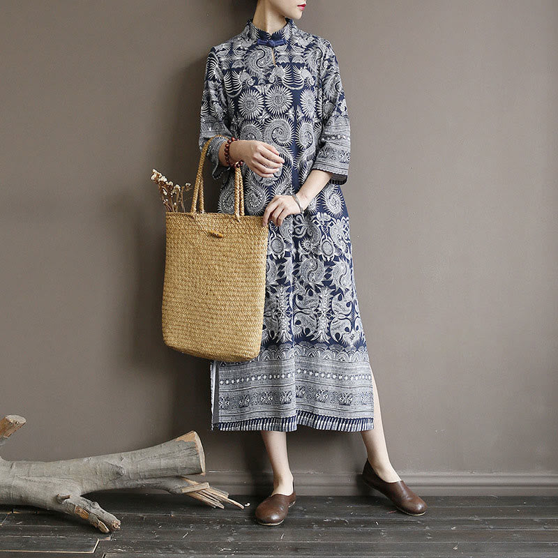 Mythstone Blue And White Porcelain Pattern Frog-button Midi Dress Three Quarter Sleeve Linen Batik Dress With Pockets