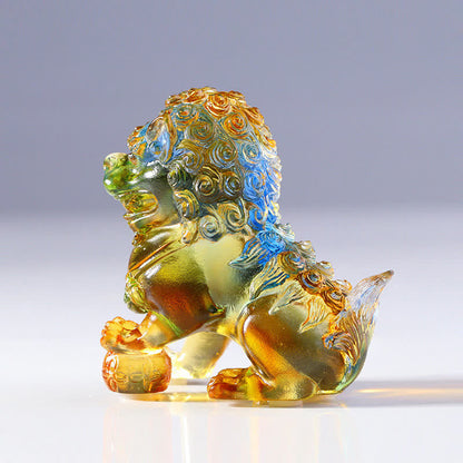 Mythstone Handmade Liuli Crystal Lion Art Piece Strength Home Office Decoration