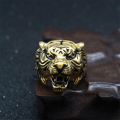 Mythstone Men's Animal Tiger Head Titanium Steel Balance Calm Punk Rock Biker Ring