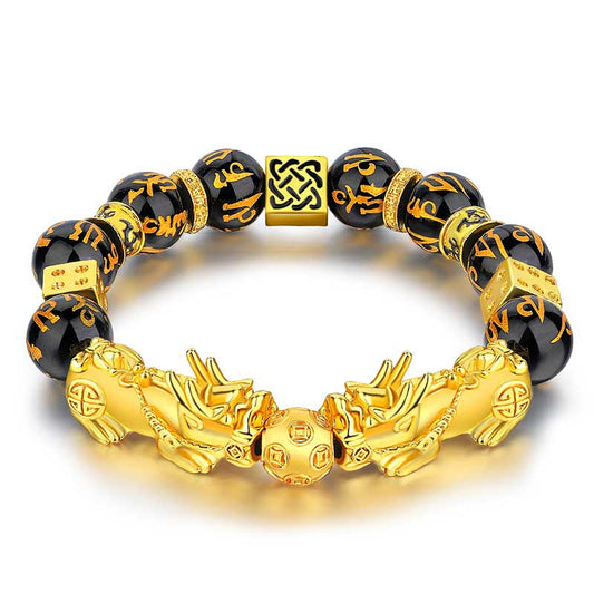 Mythstone FengShui Double PiXiu Obsidian Om Mani Padme Hum Wealth Bracelet