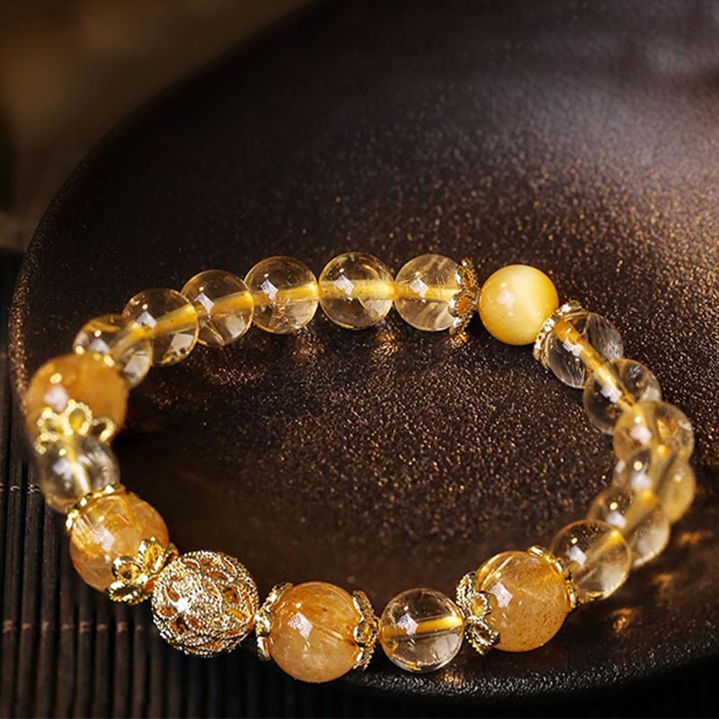 Mythstone Natural Citrine Amethyst Rutilated Quartz Prosperity Protection Bracelet