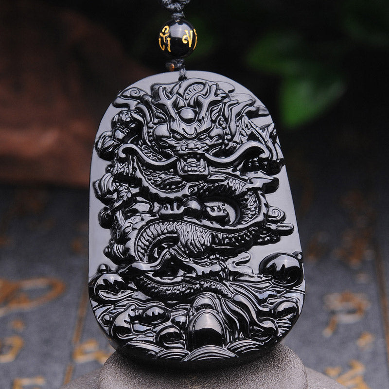 Mythstone Black Obsidian Stone Dragon Fulfilment Pendant Necklace