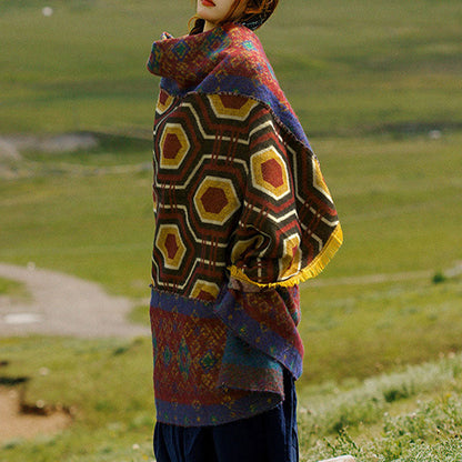 Chal tibetano Mythstone marrón, azul y rojo con estampado de formas geométricas, bufanda de viaje acogedora para el invierno