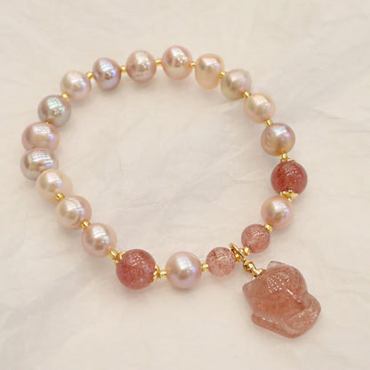 Mythstone Natural Pearl Strawberry Quartz Cute Fox Love Healing Charm Bracelet