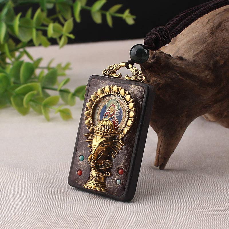 Mythstone Ebony Wood Elephant God of Fortune Buddha Blessing Necklace String Pendant