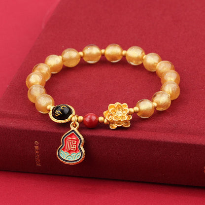 Pulsera de la suerte con cuentas de vidrio de loto y liuli con dije de calabaza y personaje Om Mani Padme Hum Fu del Tíbet