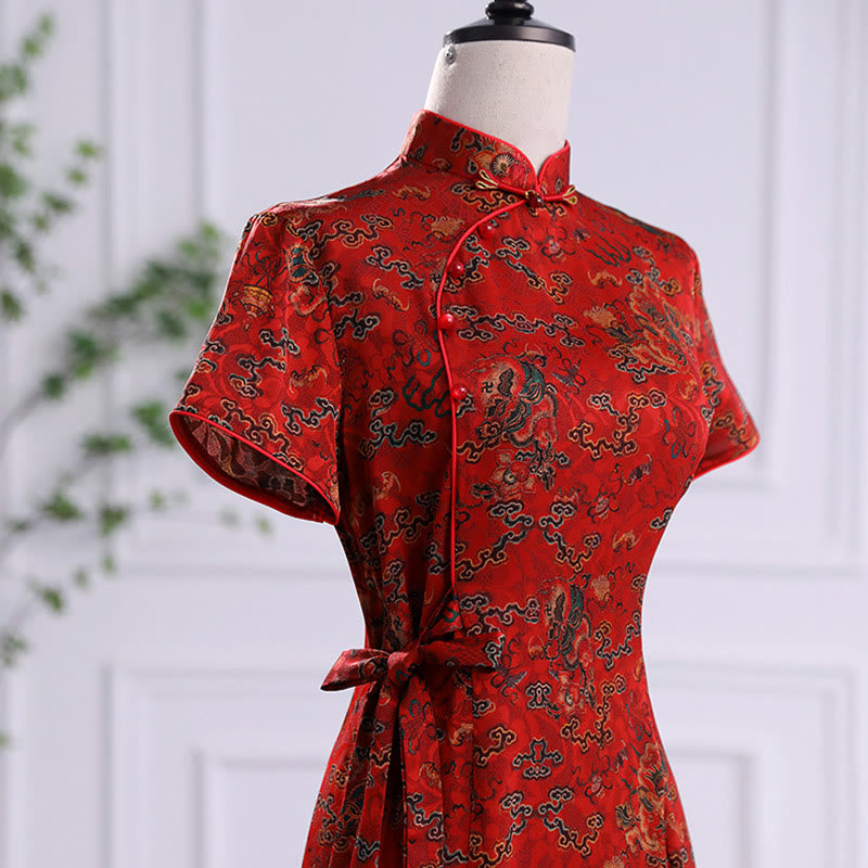 Mythstone Vintage Auspicious Clouds Leaf Print Cheongsam Dress Women's Qipao Dress