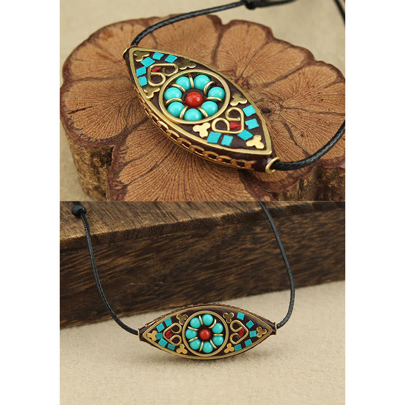 Mythstone Tibet Turquoise Bead Marquise Pattern Protection Strength Necklace Pendant