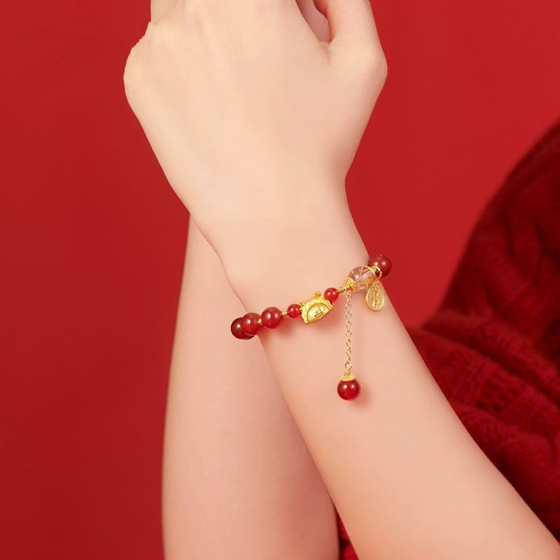 Mythstone Year of the Dragon Dumpling Natural Red Agate Garnet Hetian Jade Fu Character Luck Success Bracelet