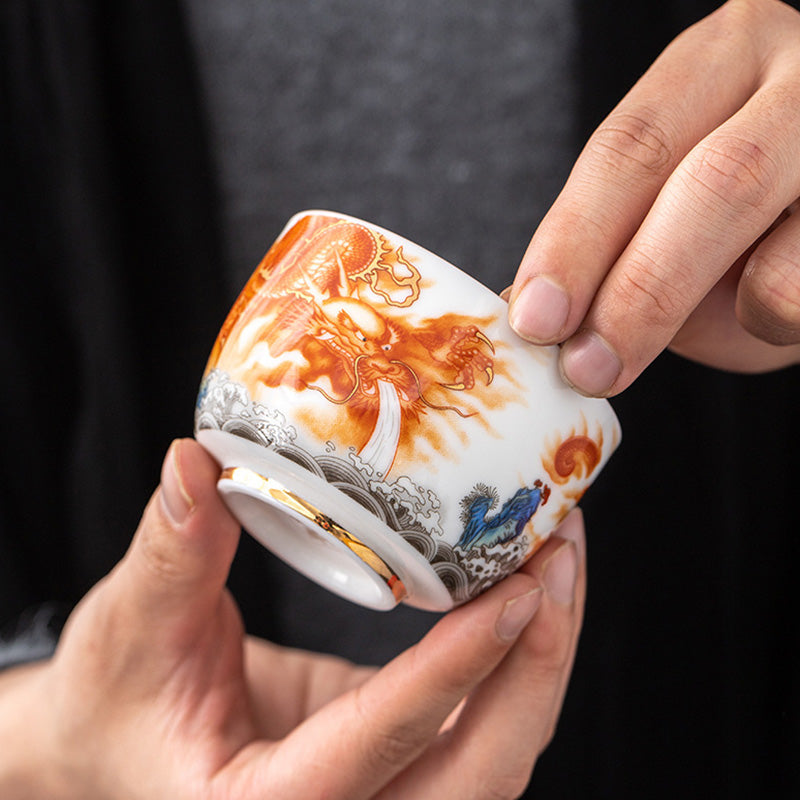 Mythstone Dragon Phoenix Crane Sun Ocean Waves Gilt Ceramic Teacup Kung Fu Tea Cup 170ml