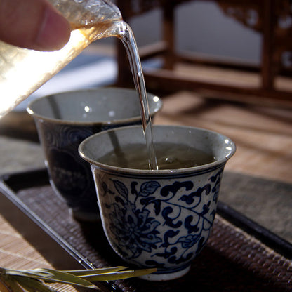 Mythstone Jingdezhen Blue and White Porcelain Hand Painted Lotus Plum Blossom Ceramic Teacup Kung Fu Tea Cups