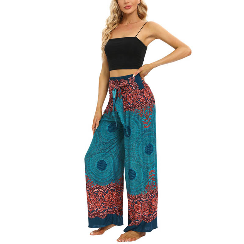 Mythstone Bohemian Compass Flower Print Lace-up Wide Leg Pants Women's Yoga Pants