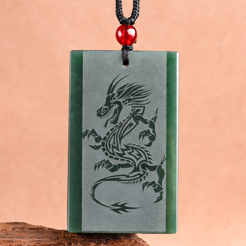 Mythstone Hetian Cyan Jade Dragon Engraved Success Necklace Pendant