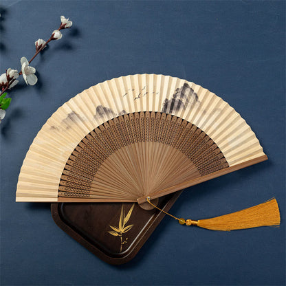 Mythstone Lotus Dragonfly Wild Geese Plum Blossom Handheld Silk Bamboo Folding Fan 22.5cm