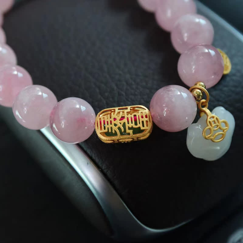 Mythstone 925 Sterling Silver Natural Madagascar Rose Quartz Hetian Jade Wish Lock Peace Bracelet