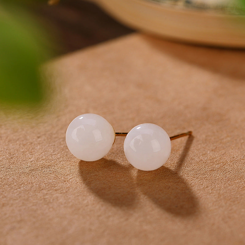 Mythstone 925 Sterling Silver Round White Jade Blessing Stud Earrings