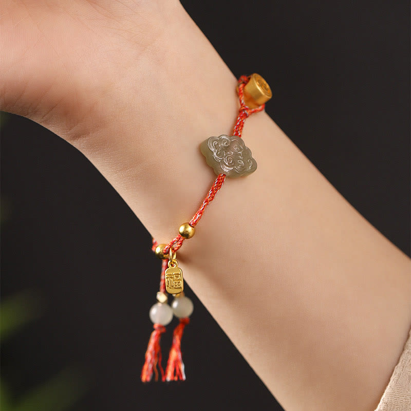 Mythstone Handmade Auspicious Clouds Hetian Jade Fu Character Luck Fortune Rope Bracelet