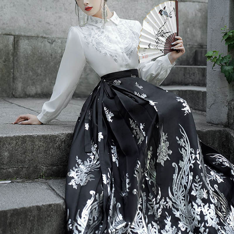 Mythstone Flowers Leaves Feathers Long Sleeve Shirt Top Chinese Hanfu Ming Dynasty Horse Face Skirt Mamianqun Skirt