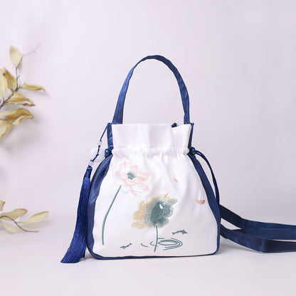 Mythstone Embroidered Lotus Koi Fish Crane Camellia Cotton Linen Tote Crossbody Bag Shoulder Bag Handbag