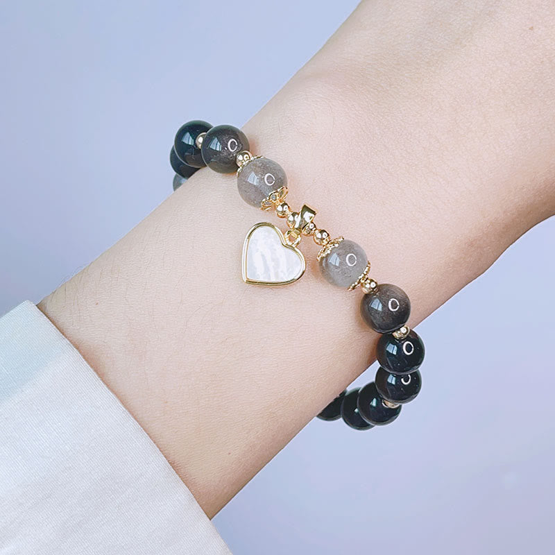 Pulsera de protección con forma de corazón, estrella y flor de obsidiana con brillo de plata natural Mythstone