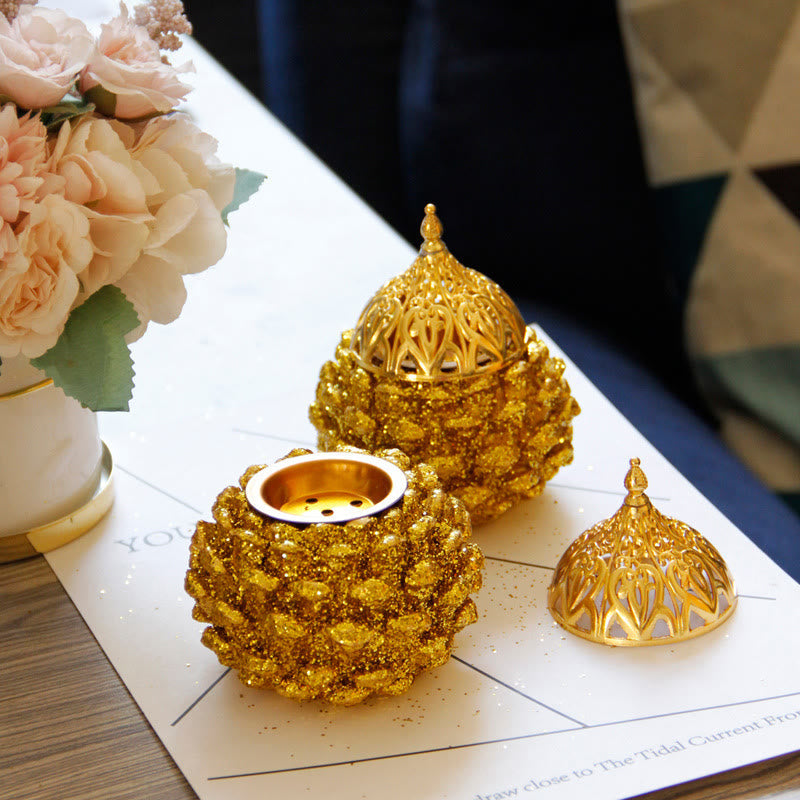 Mythstone Gold Pine Cone Pattern Spiritual Rituals Mini Incense Burner Home Tabletop Decor