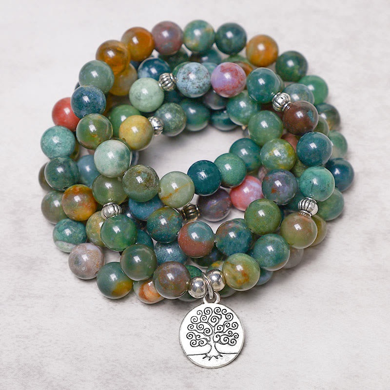 Mythstone 108 Mala Beads Indian Agate Lotus OM Buddha Tree of life Positive Calm Bracelet