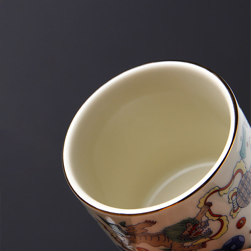 Mythstone Vintage Plum Blossom Pine Bamboo Phoenix Kirin Lion Dancing Ceramic Teacup Tea Cups