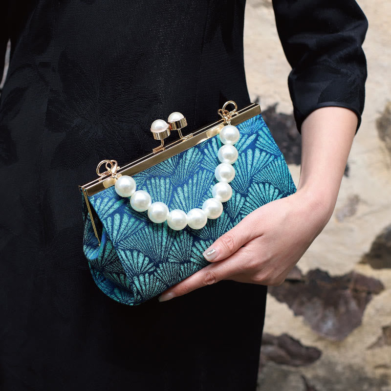 Mythstone Vintage Peacock Blue Leaf Pattern Pearl Metal Handbag