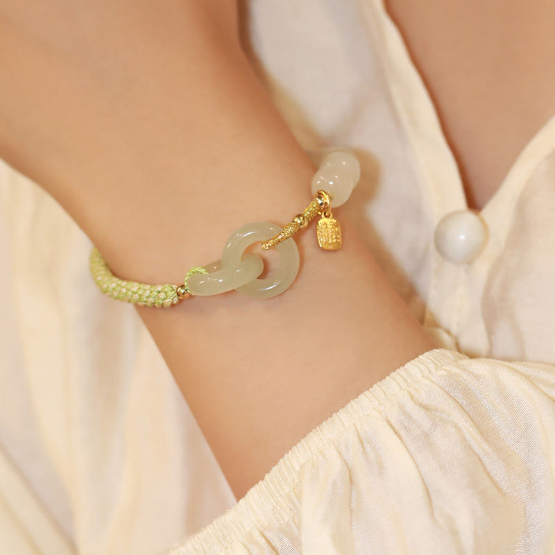 Pulsera trenzada con doble hebilla de paz y carácter Fu con cuentas de jade hetiano natural Mythstone