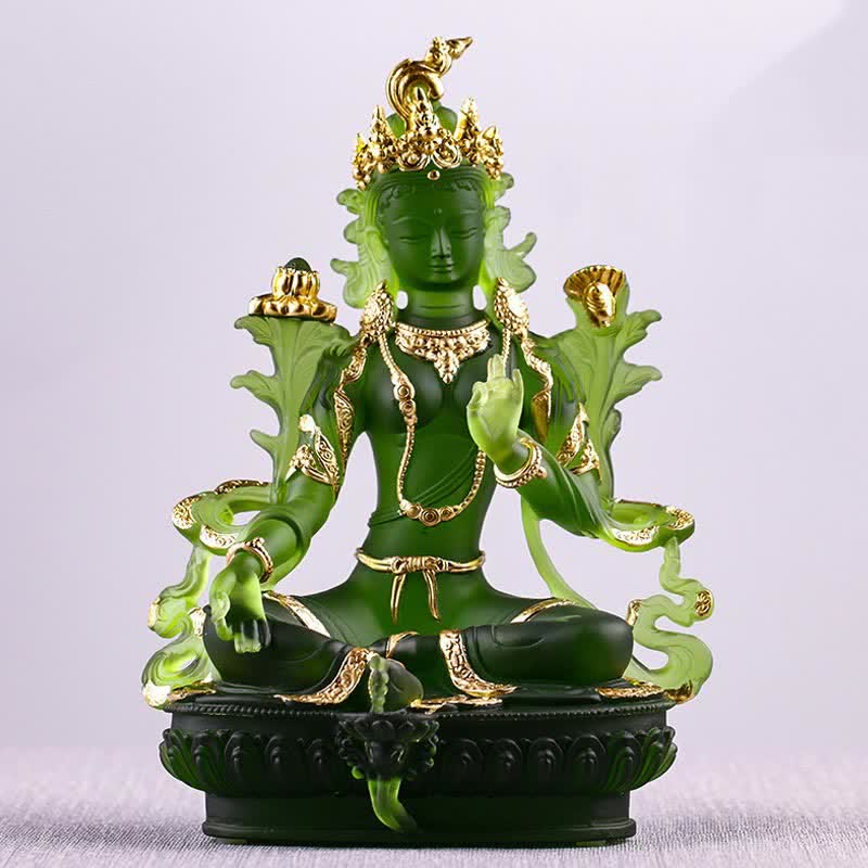 Mythstone Bodhisattva Green Tara Handmade Liuli Crystal Art Piece Protection Home Office Statue Decoration