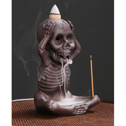 Quemador de incienso de arcilla morada con forma de calavera fantasma de Mythstone, fuente de humo con reflujo, decoración de la paz