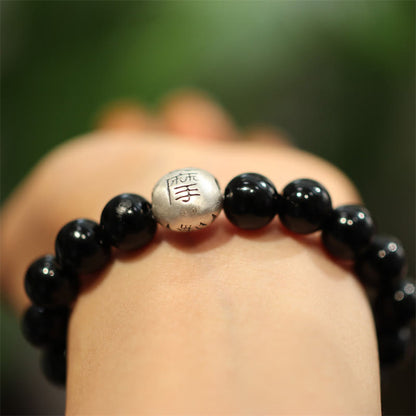 Mythstone 925 Sterling Silver Black Onyx Bead Character Engraved Protection Bracelet