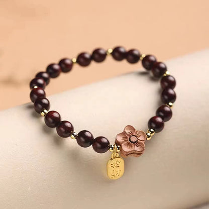 Mythstone Natural Sandalwood Peach Blossom Small Leaf Red Sandalwood Ruyi Charm Protection Bracelet