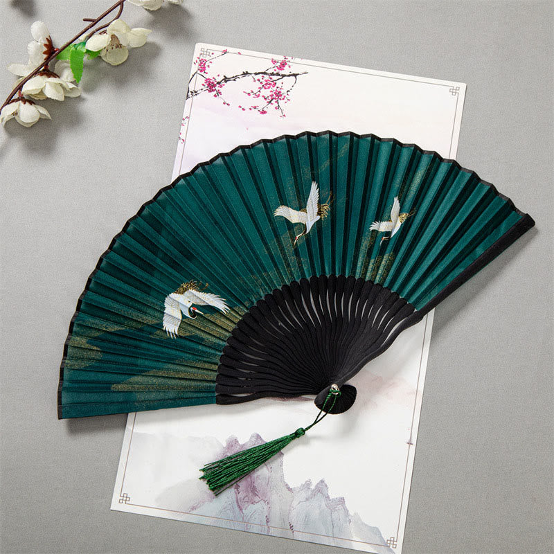 Mythstone Flying White Crane Sun Cloud Handheld Silk Bamboo Folding Fan 22cm