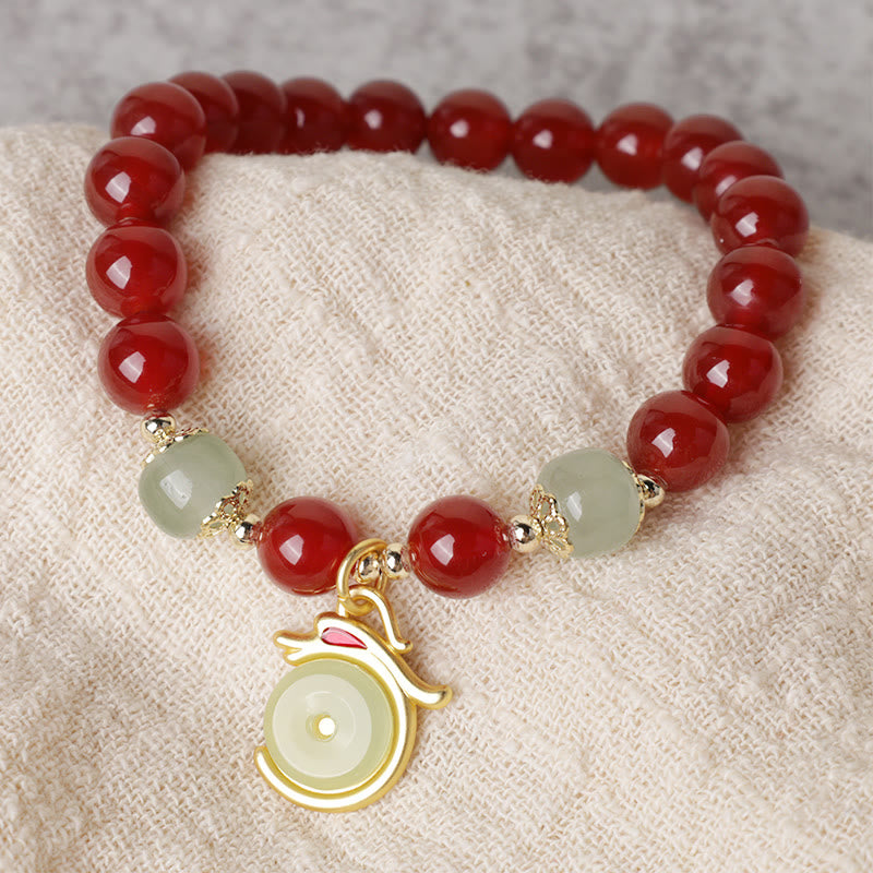 Mythstone Year of the Dragon Red Agate Jade Peace Buckle Fu Character Success Bracelet