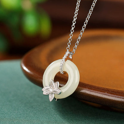 Mythstone 925 Sterling Silver Hetian Jade Peace Buckle Flower Luck Necklace Pendant