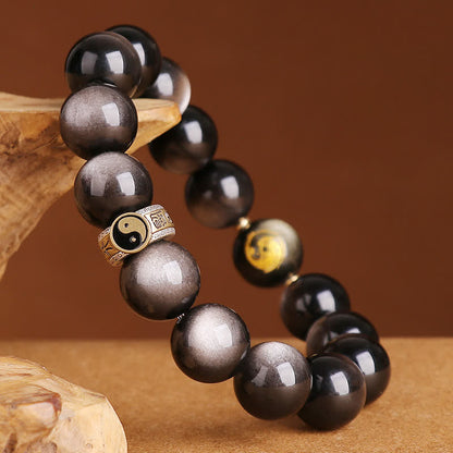 Mythstone 925 Sterling Silver Black Obsidian Gold Sheen Obsidian Silver Sheen Obsidian Yin Yang Protection Bracelet